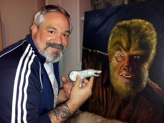 Todd Doogan with the original stunt prop of The Wolf Man cane in Bob Burns' Basement